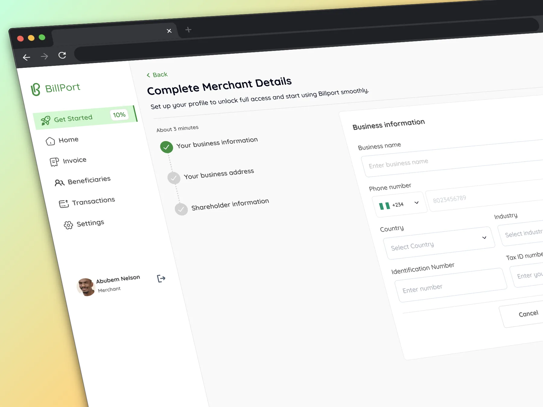 Merchant sign up